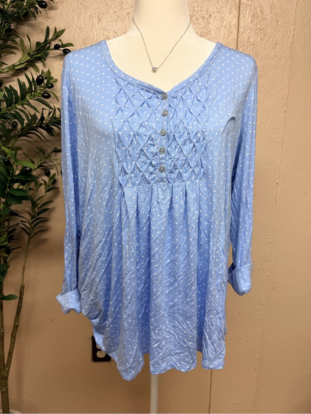 Kim Rogers Light Blue Long Sleeve Pintuck Henley Tunic